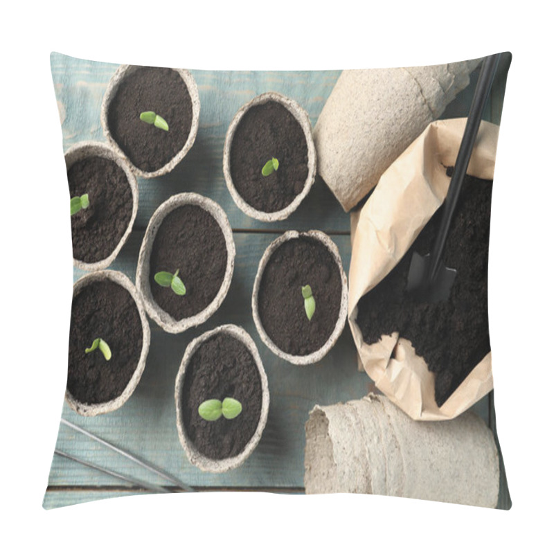 Personality  Young Seedlings And Sack With Soil On Light Blue Wooden Table, Flat Lay Pillow Covers