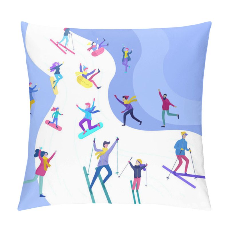 Personality  People Dressed In Winter Clothes Or Outerwear Performing Outdoor Activities Fun. Snow Festival, Sledding And Snowboard. Christmas Family Ski Skating, Making Snowman, Skiing Pillow Covers