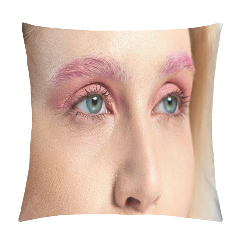 Personality  Detailed Photo Of Young Woman With Blue Eyes And Pink Eyeshadows Looking Away, Close Up Pillow Covers