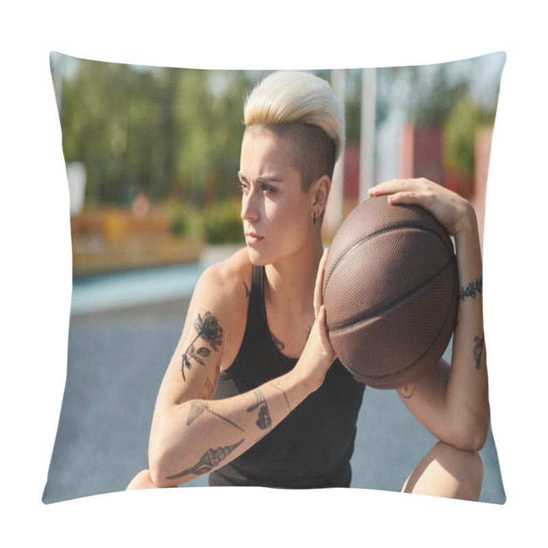 Personality  A Young Woman With Short Hair And Tattoos Sits On The Ground, Deep In Thought As She Holds A Basketball In Her Hands. Pillow Covers