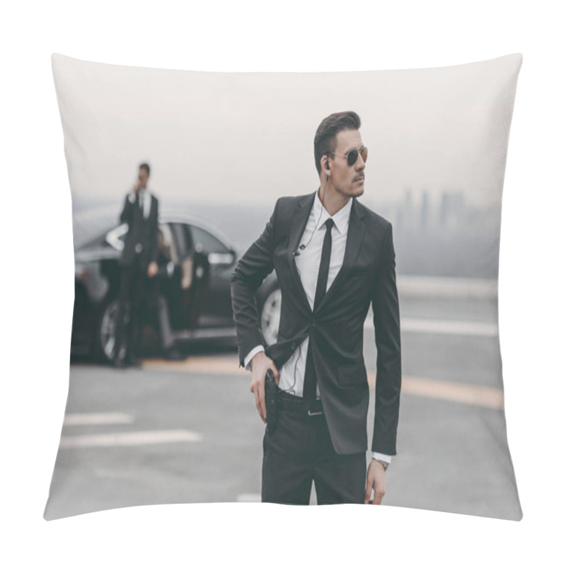 Personality  Handsome Bodyguard With Security Earpiece Putting Hand On Gun Pillow Covers