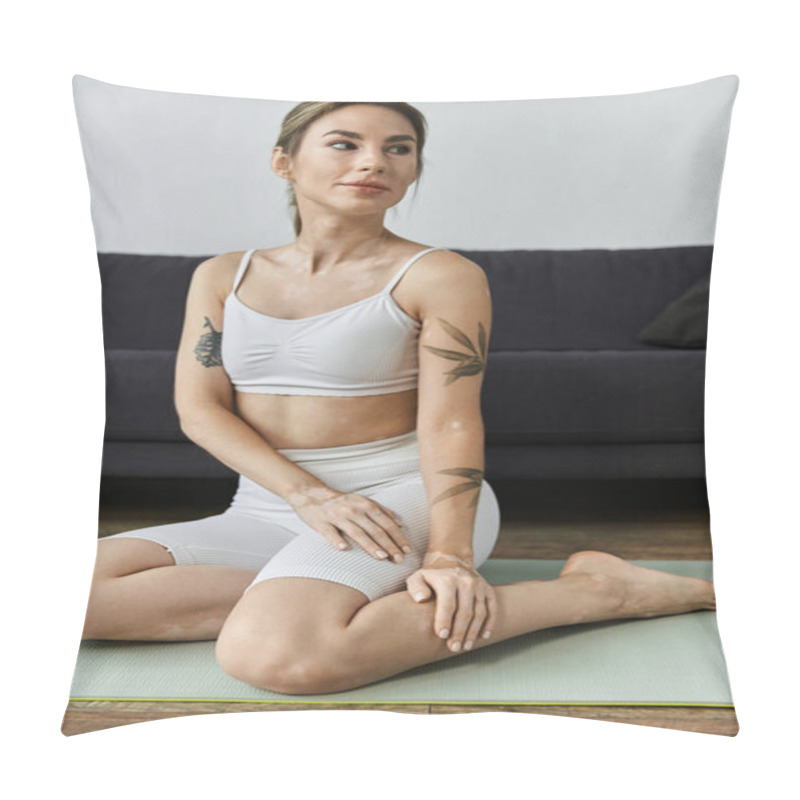 Personality  A Young Woman Practices Yoga In A Modern Apartment, Focusing On Her Well-being And Inner Peace. Pillow Covers