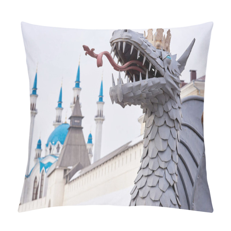 Personality  Symbols Of The City Of Kazan: A Dragon Named Zilant In A Golden Crown And The Kul Sharif Mosque. Close-up. Pillow Covers