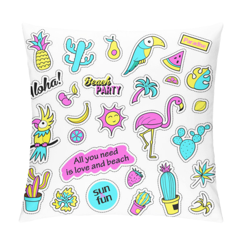 Personality  Pop Art Set With Fashion Patch Badges And Different Tropical Elements. Stickers, Pins, Patches, Quirky, Handwritten Notes Collection. 80s-90s Style. Trend. Vector Illustration Isolated. Pillow Covers