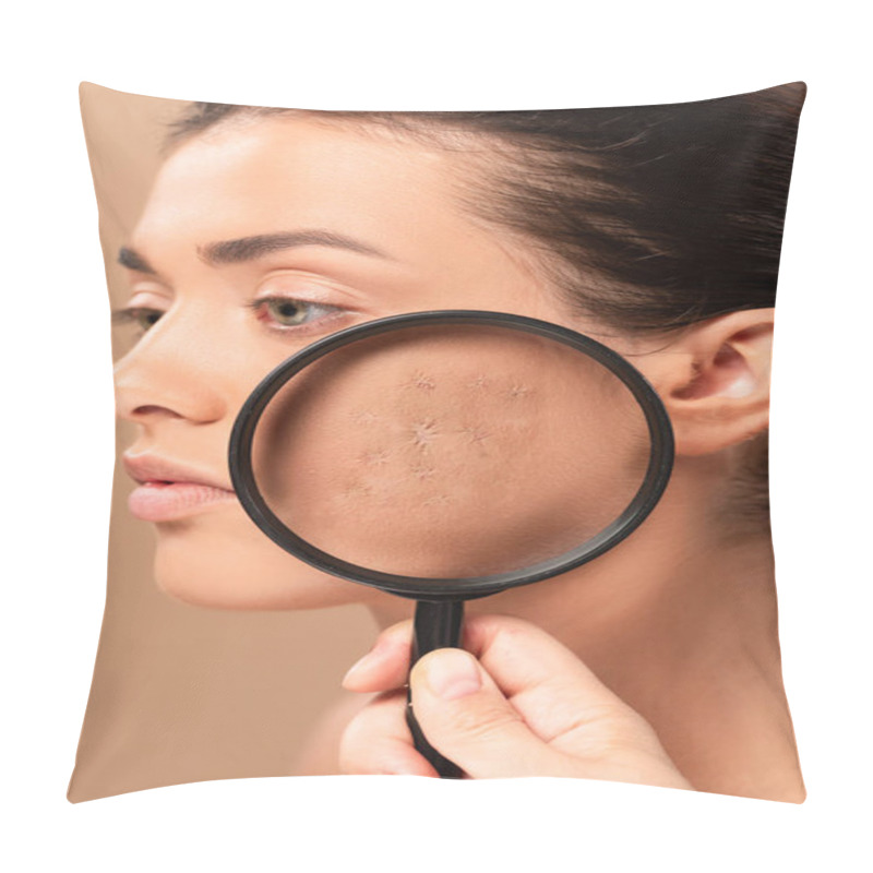 Personality  Cropped View Of Man Holding Magnifier Near Girl With Acne Isolated On Beige  Pillow Covers