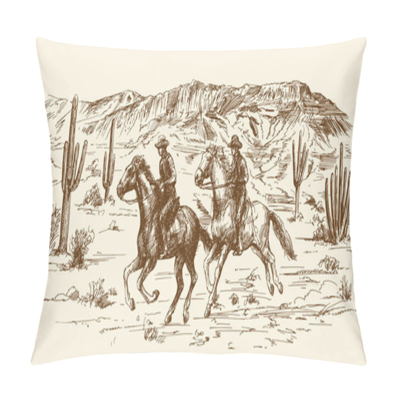 Personality  American Wild West Desert With Cowboys - Hand Drawn Illustration Pillow Covers