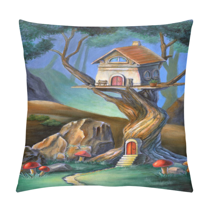 Personality  Fantasy Scene With A Cute House On Top Of A Tree. Mixed Media Illustration, Acrylic And Colored Pencil On Paper. Pillow Covers