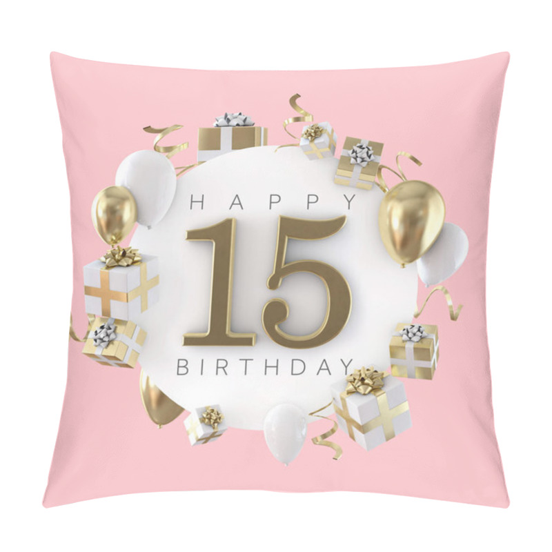 Personality  Happy 15th Birthday Party Composition With Balloons And Presents. 3D Render Pillow Covers