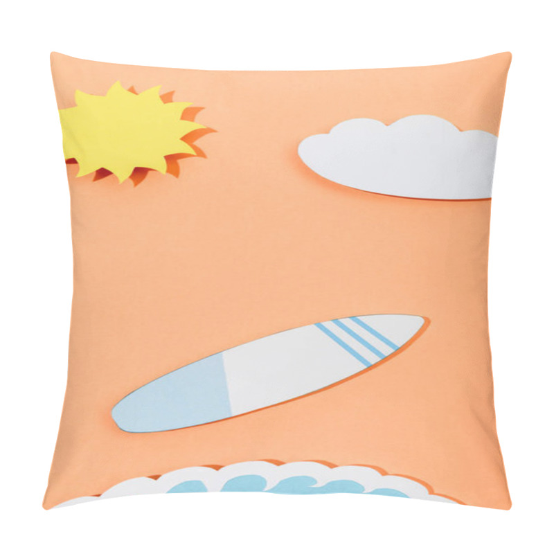 Personality  Top View Of Paper Cut Sun, Cloud, Surfboard And Sea Wave On Orange Background Pillow Covers