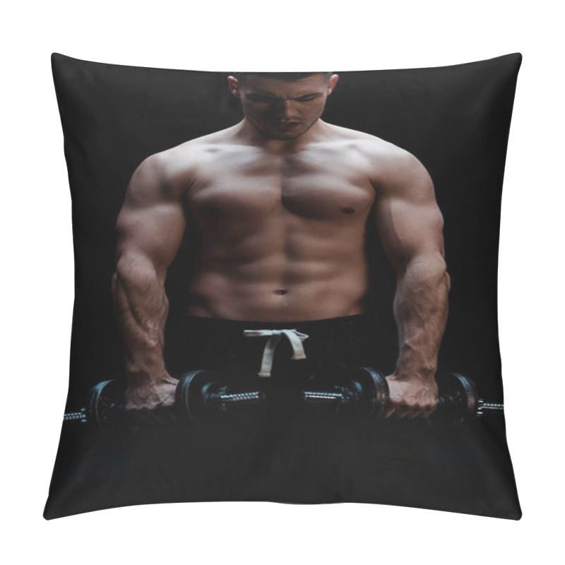 Personality  Sexy Muscular Bodybuilder With Bare Torso Excising With Dumbbells Isolated On Black Pillow Covers