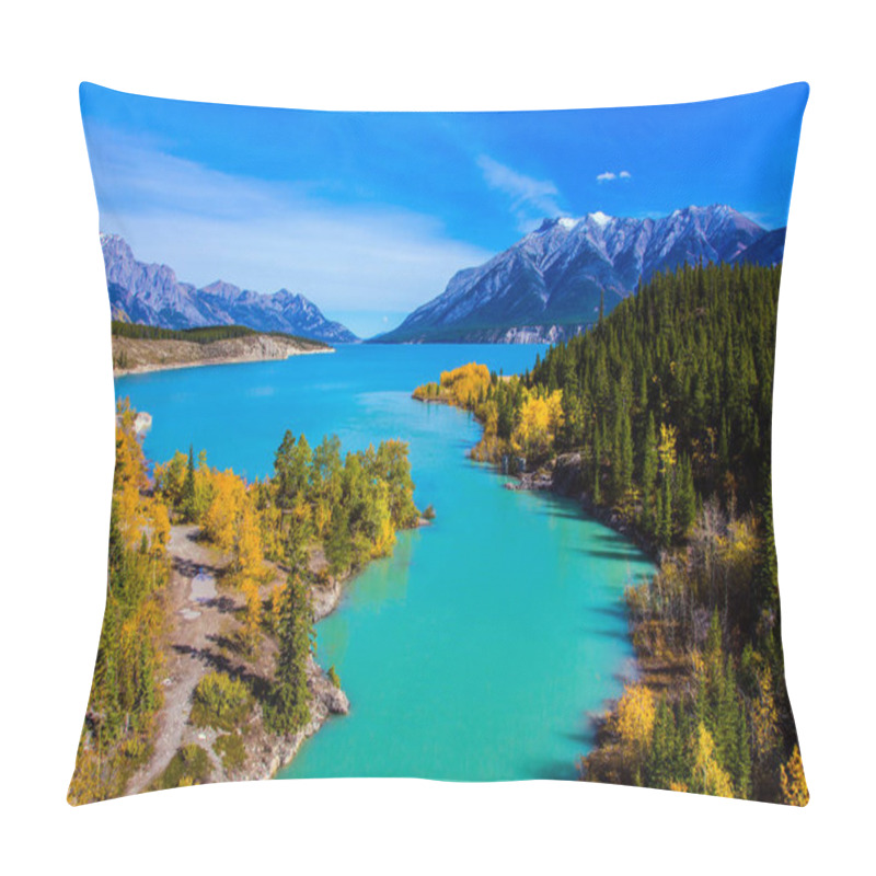 Personality   The Emerald Water Of The Abraham Lake Is Surrounded By Evergreen Coniferous Forests And Golden Autumn Groves Of Birches. Concept Of Active, Ecological And Photo Tourism Pillow Covers