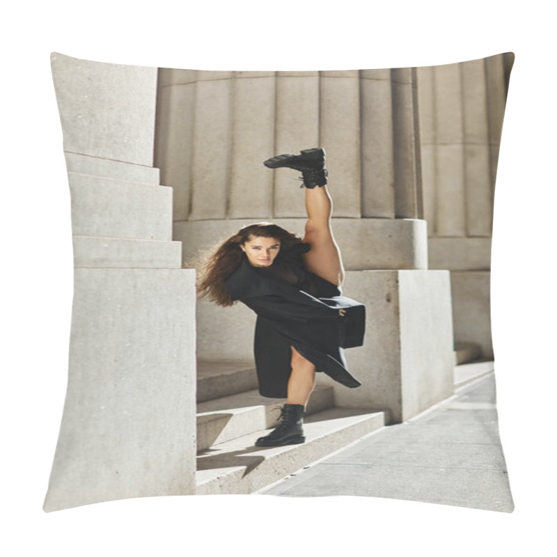 Personality  A Young Woman In A Black Coat Performs A Graceful Dance Move On The Streets Of New York City. Pillow Covers