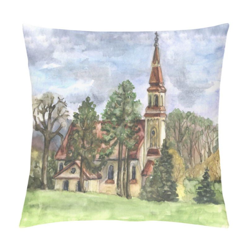 Personality  Watercolor  Landscape  With Church On Sky Background. Composition For Decorations Wallpapers. Pillow Covers