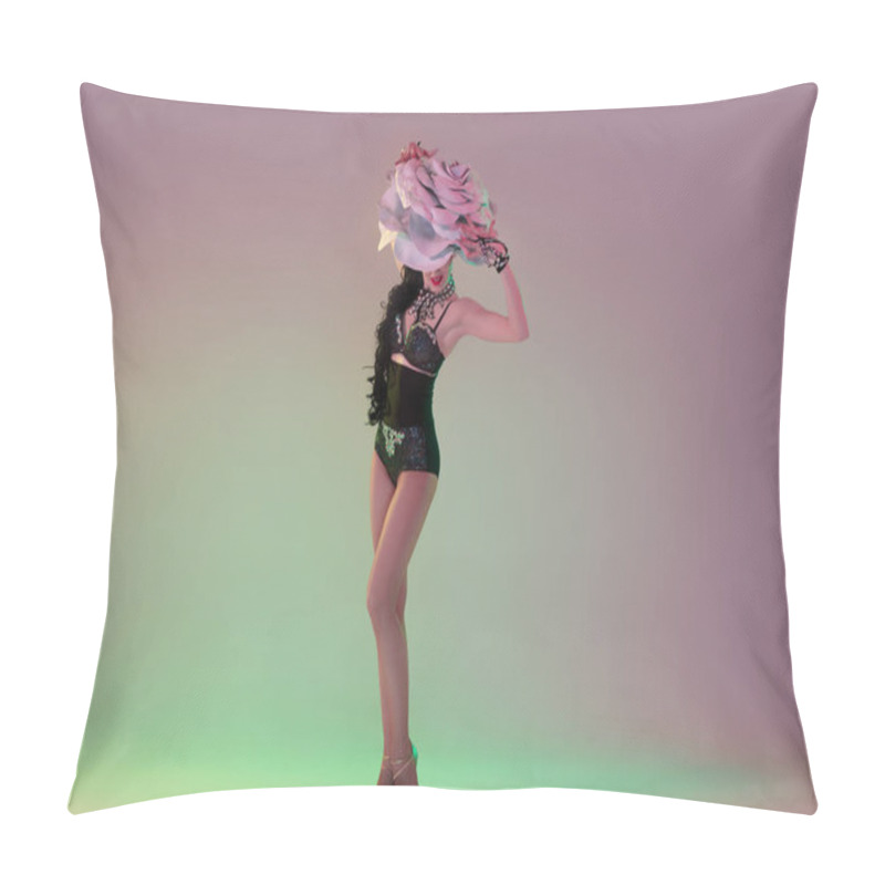 Personality  Young Female Dancer With Huge Floral Hats In Neon Light On Gradient Background Pillow Covers