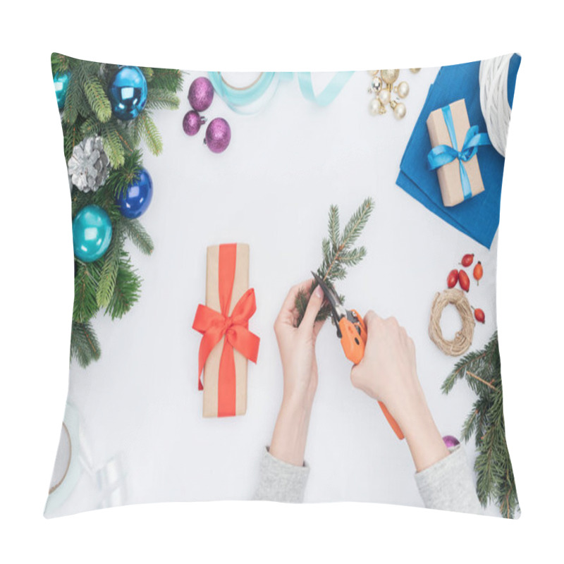 Personality  Partial View Of Woman Decorating Christmas Present With Pine Tree Branch Isolated On White Pillow Covers