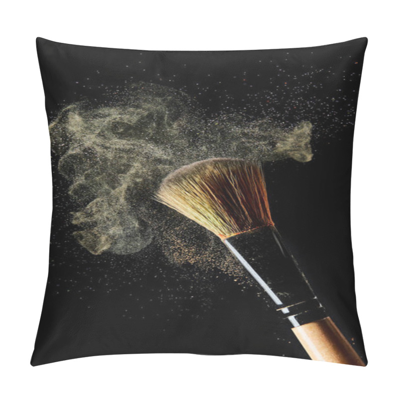 Personality  Cosmetic Brush With Yellow Light Dust On Black Background Pillow Covers