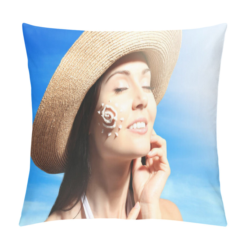 Personality  Woman With Sunscreen In Sun Shape On Face. Skin Care Concept. Pillow Covers