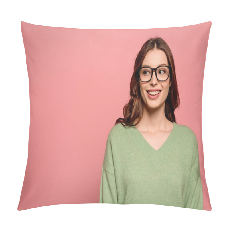 Personality  Cheerful Girl In Glasses Looking Away And Smiling Isolated On Pink Pillow Covers