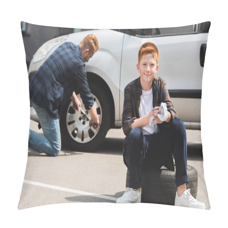 Personality  Father Changing Tire In Car With Wheel Wrench, Son Sitting And Looking At Camera Pillow Covers