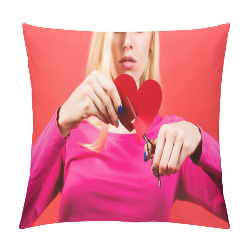 Personality  Girl With Broken Heart. Break Of Relationships. Sad Woman Cutting Heart Shape Paper. Selective Focus. Pillow Covers