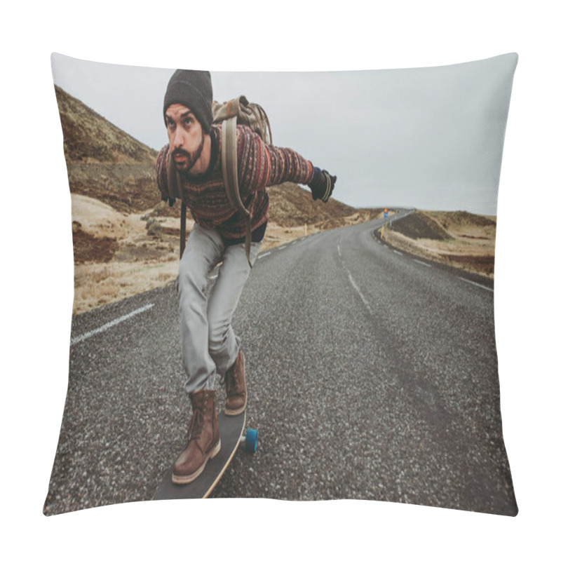 Personality  Skater Traveling Iceland On His Longboard Pillow Covers