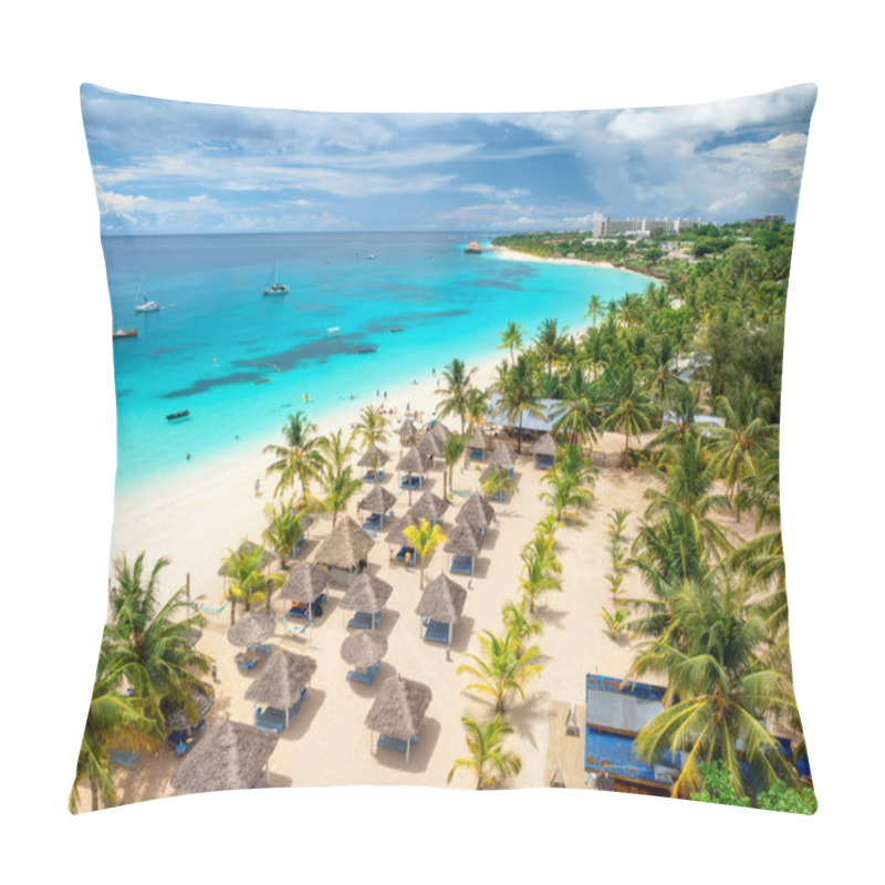 Personality  Aerial View Of White Sandy Beach With Palm Trees, Umbrellas, Yachts, Boats, Blue Ocean, Sky With Clouds At Sunset. Summer Holiday In Kendwa, Zanzibar Island. Tropical Landscape. Clear Sea. Top View Pillow Covers