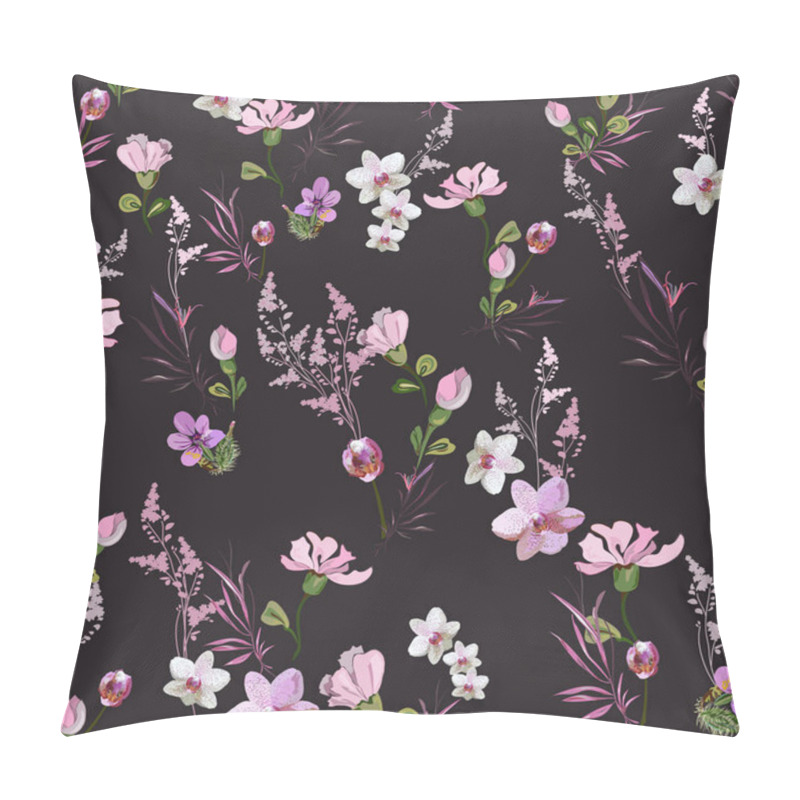 Personality  Bright Floral Pattern With Small Pink Flowers Of Orchids, Violets, Roses And Buds On A Dark Background. Seamless Vector With Various Botanical Elements Arranged Randomly. For Textile, Wallpaper, Tile Pillow Covers