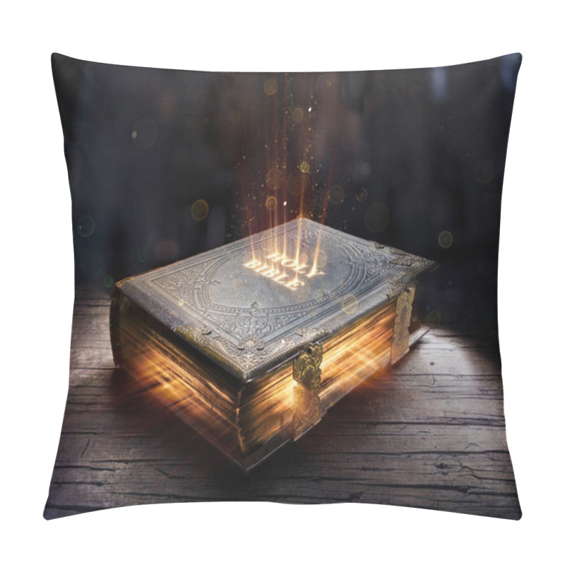 Personality  Shining Holy Bible - Ancient Book On Old Table Pillow Covers