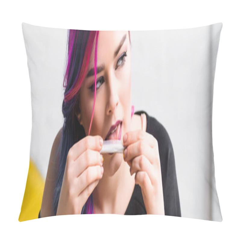 Personality  Panoramic Shot Of Beautiful Girl Licking Joint With Weed Pillow Covers