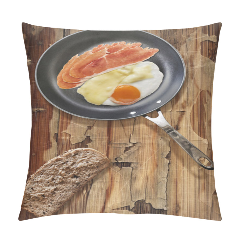 Personality  Prosciutto Rashers With Fried Egg And Cheese In Frying Pan With Bread Slice On Old Cracked Wooden Table Pillow Covers