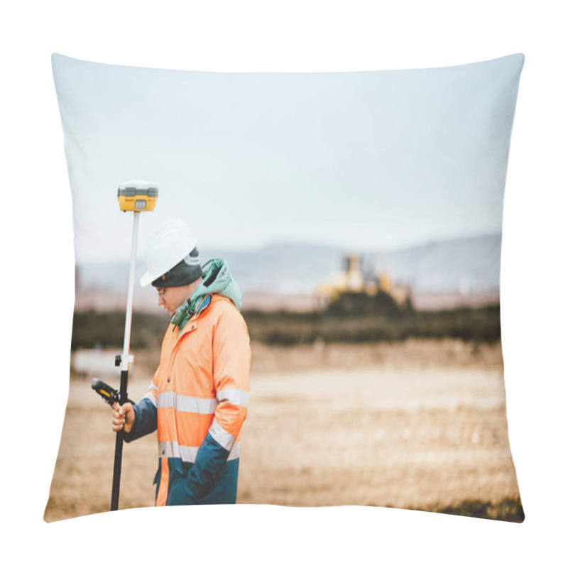 Personality  Surveyor Engineer Working With Technology For Coordinating Heavy Duty Machinery Pillow Covers