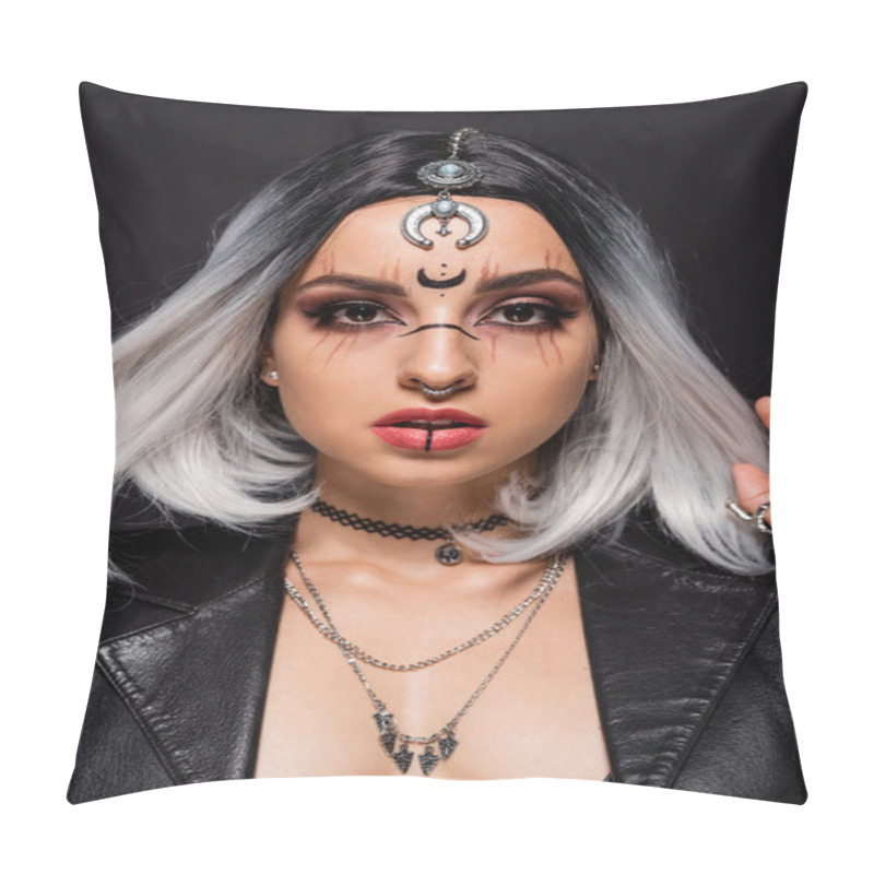 Personality  Portrait Of Woman In Witch Makeup And Accessories Touching Ash Blonde Hair Isolated On Black Pillow Covers