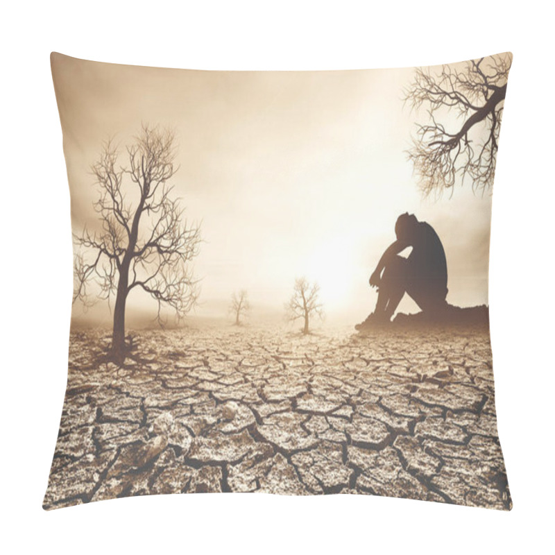 Personality  Concept Of Global Warming And Drought. People Are Sitting In Despair Because Of The Drought. A World Without Water Pillow Covers