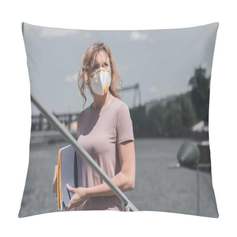 Personality  Woman In Protective Mask Standing On Bridge With Documents, Air Pollution Concept Pillow Covers