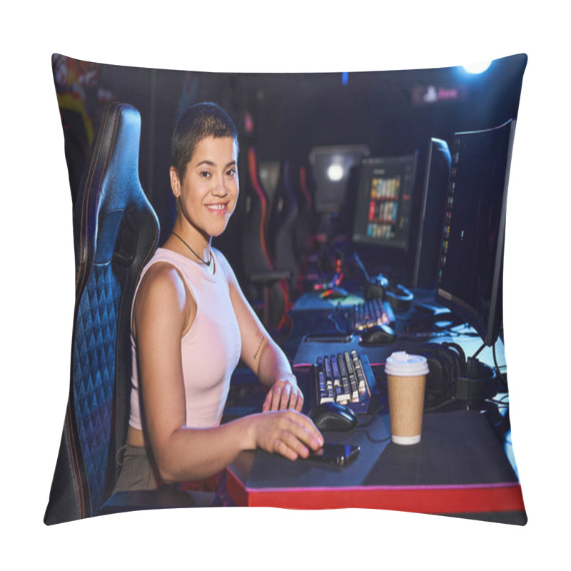 Personality  Happy Zoomer Age Woman Sitting At A Desk With Computer Monitor And Cup Of Coffee, Cybersport Games Pillow Covers