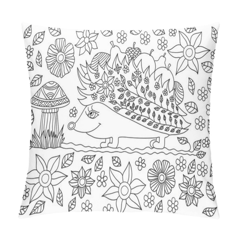 Personality  Monochrome Ink Drawing. Cute Hedgehog With Fruits And Mushrooms Pillow Covers