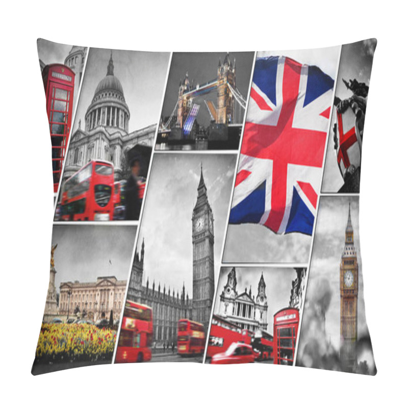 Personality  Collage Of Different Famous Symbols Of London, UK. Pillow Covers