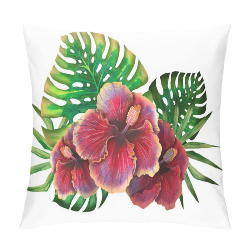 Personality  Watercolor Summer Tropical Design For Banner Or Flyer With Exotic Palm Leaves, Hibiscus Flowers Pillow Covers