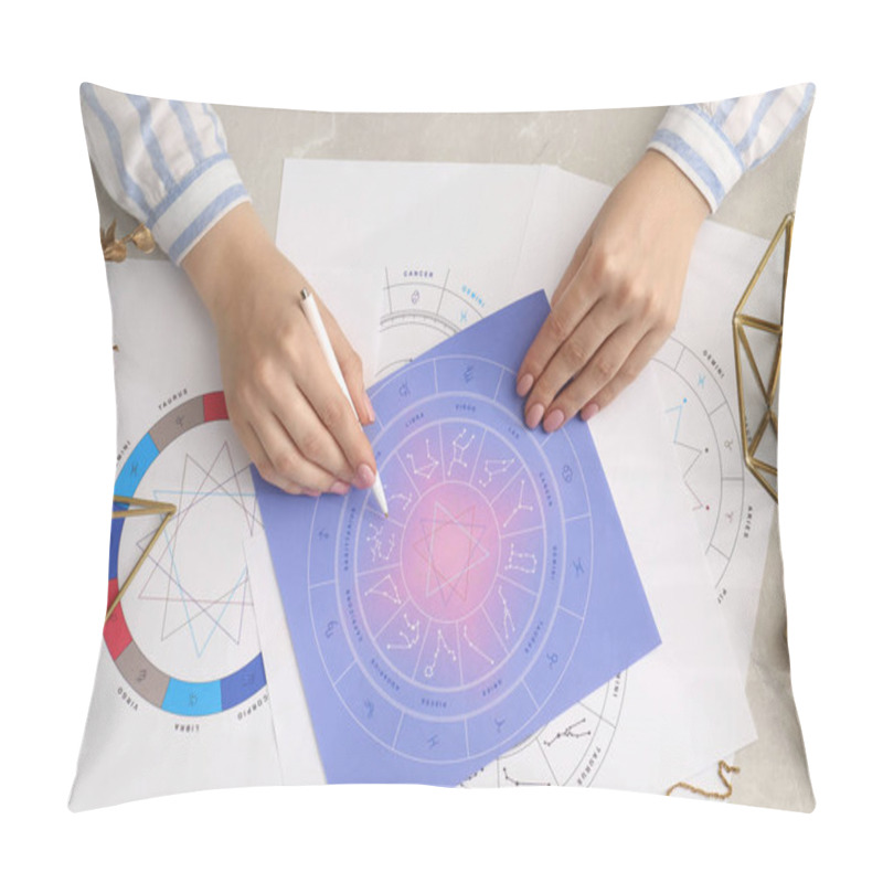 Personality  Astrologer Using Zodiac Wheel For Fate Forecast At Table, Top View. Fortune Telling Pillow Covers