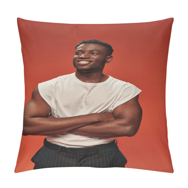 Personality  Happy Sporty African American Man In White Tank Top Posing With Folded Arms And Looking Away On Red Pillow Covers