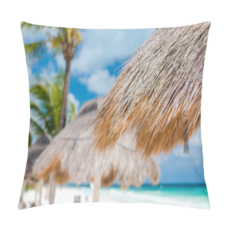 Personality  Tropical View Of Turquoise Lagoon With Beach Sunshades At Exotic Idyllic Sandy Beach Pillow Covers