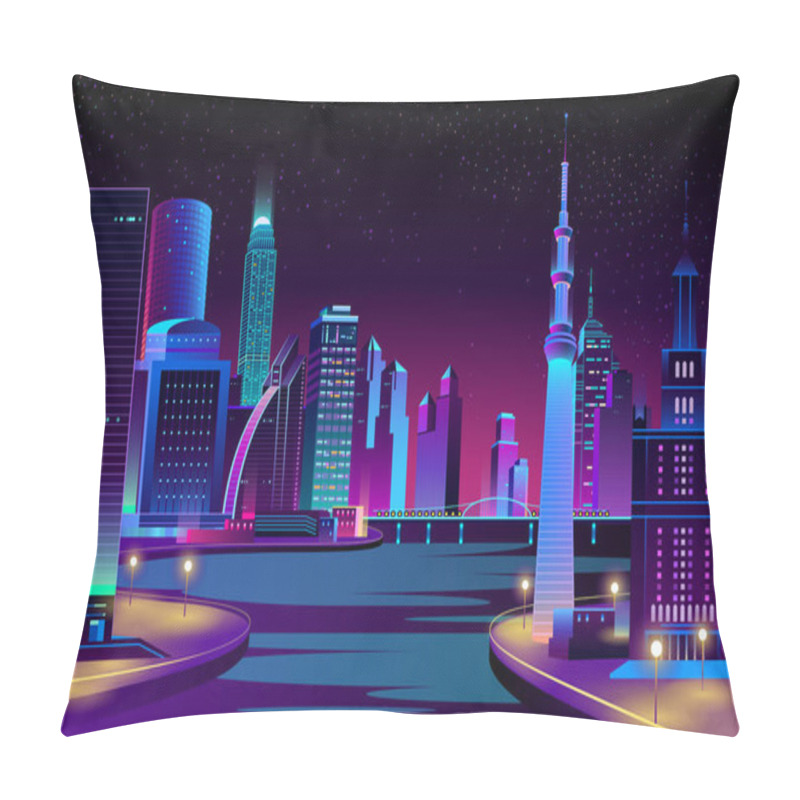 Personality  Vector City, Megapolis On River At Night. Pillow Covers