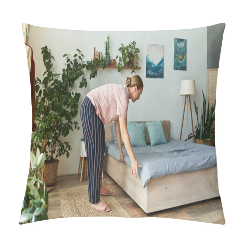 Personality  A Young Beautiful Plus Size Woman Is Arranging Her Bed In A Serene, Plant Filled Bedroom. Pillow Covers