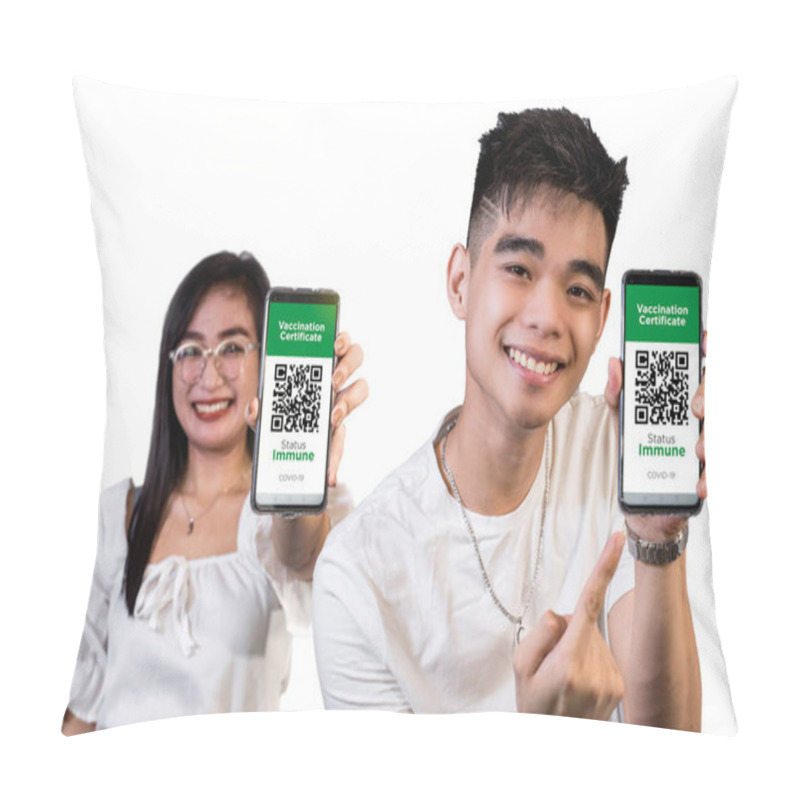 Personality  Two Young Asians Presents Their Digital Immunity Passport Or Proof Of Vaccination As An App On Their Phone. Plain White Background. Focused On Phone. Pillow Covers