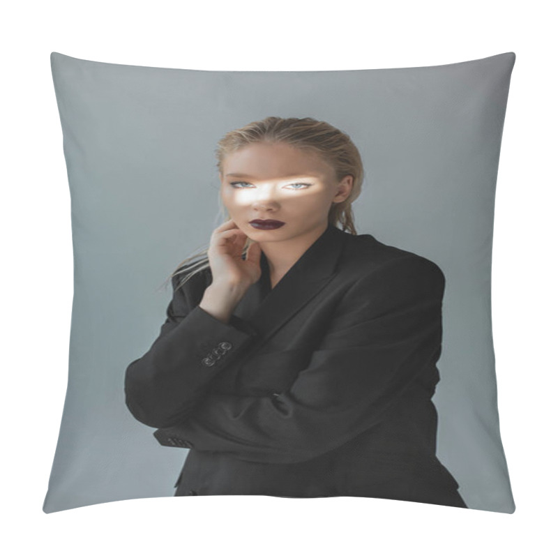 Personality  Fashionable Girl Posing In Formal Wear With Light Beam On Face Isolated On Grey Pillow Covers