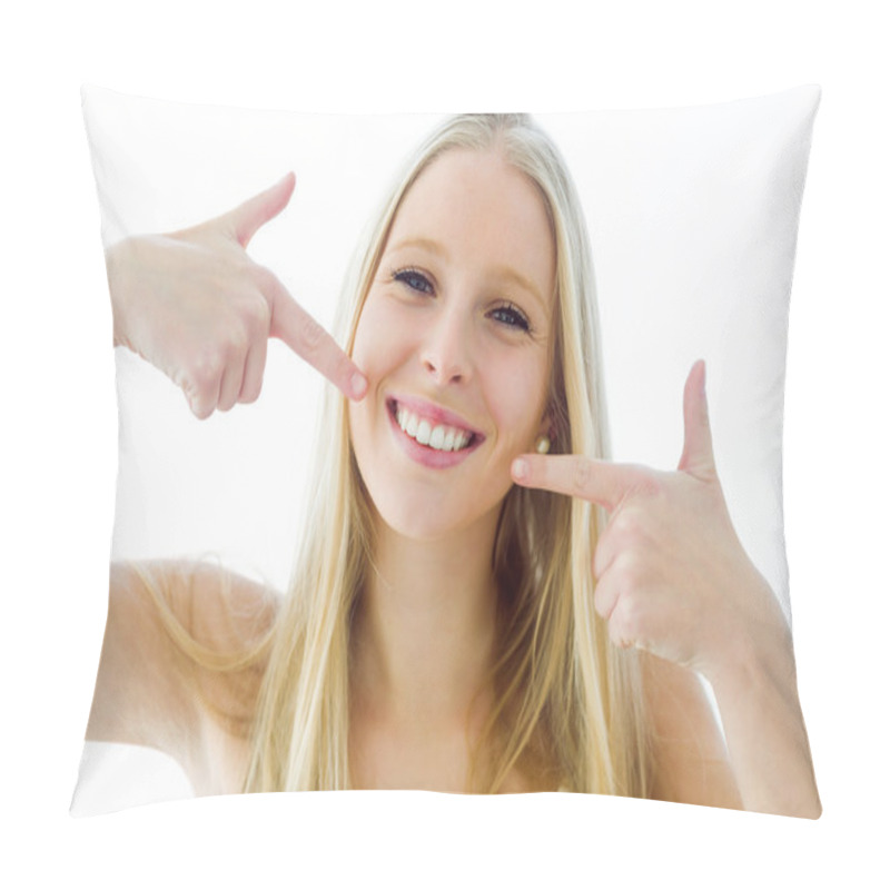 Personality  Beautiful Young Woman With Perfect Smile. Isolated On White. Pillow Covers