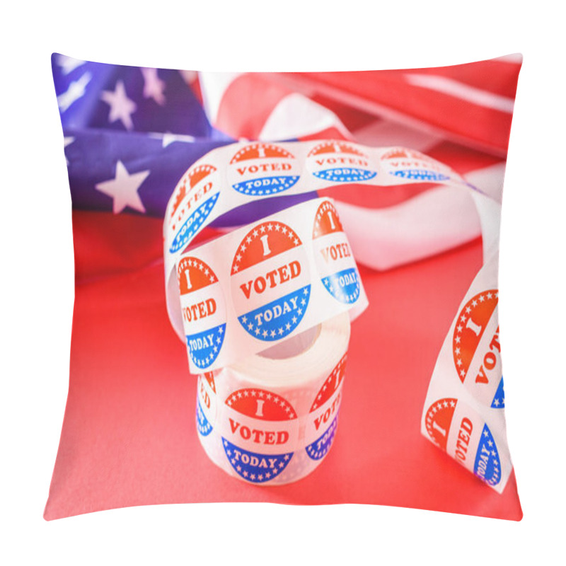 Personality  I Voted Today On A Sticker Label Next To A Flag Of The United States Of America. Pillow Covers