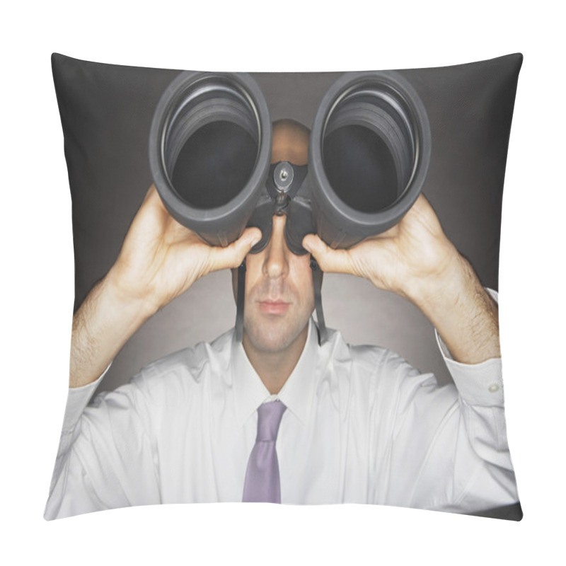 Personality  Balding Businessman Looking Through Binoculars Pillow Covers