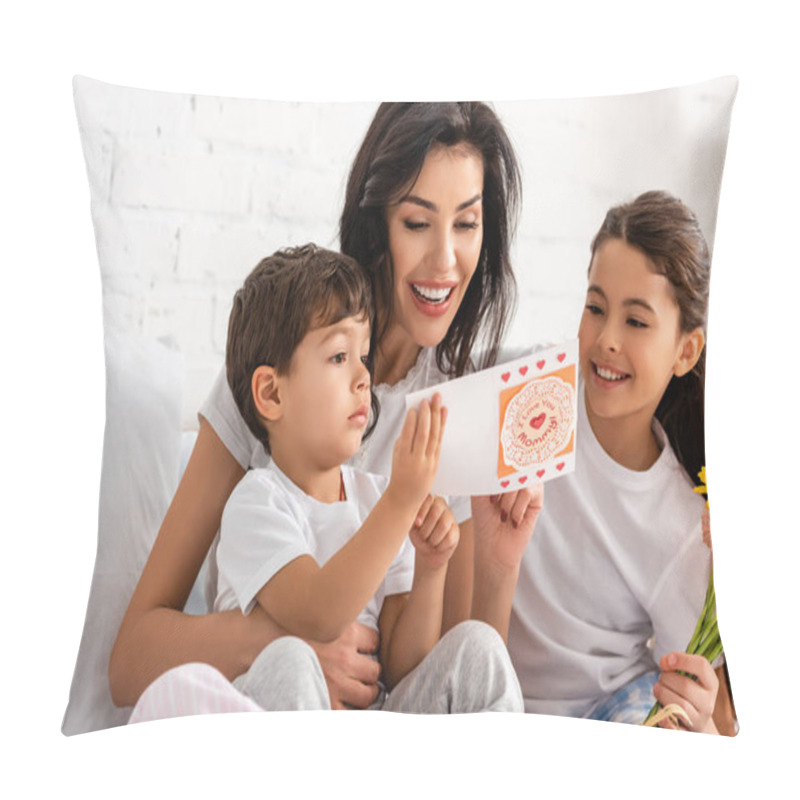 Personality  Happy Woman Reading Mothers Day Card While Sitting In Bed With Adorable Children Pillow Covers