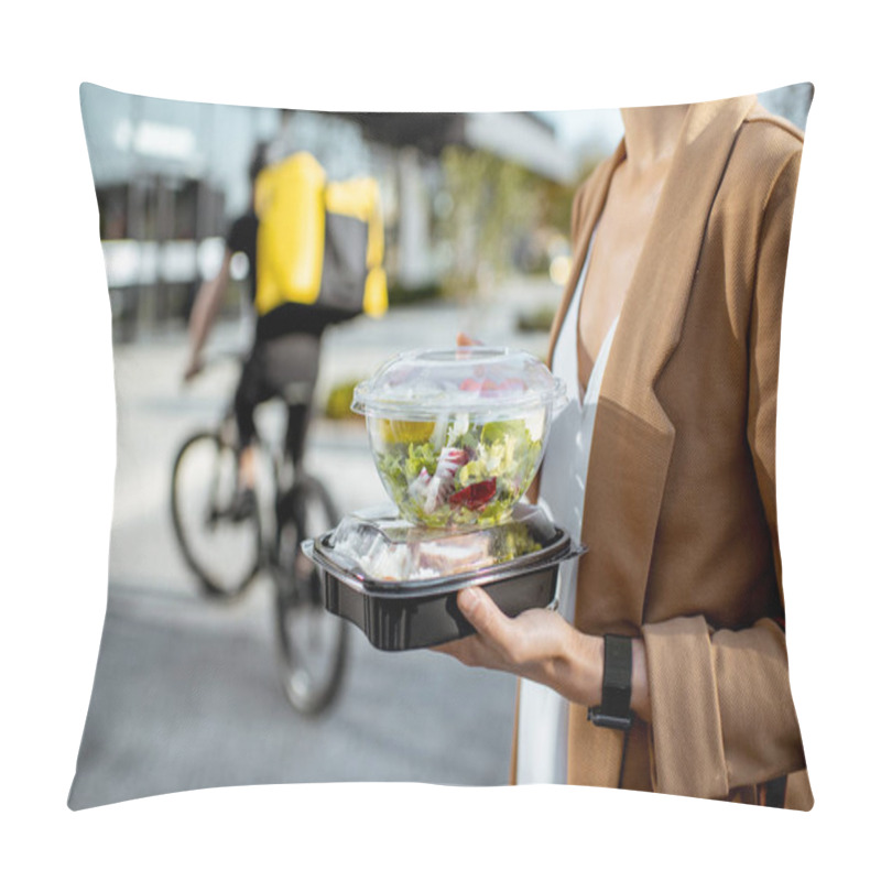 Personality  Courier Delivering Food To A Business Woman Pillow Covers